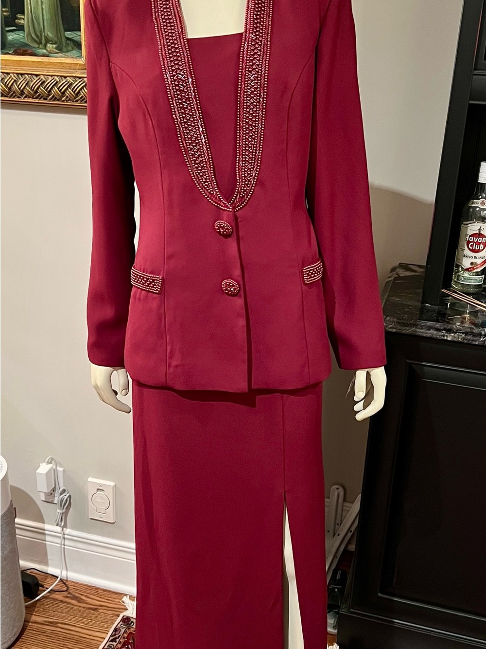 Women's Burgundy Beaded-Trim Blazer & Skirt Set
